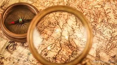 古董静物古董放大镜躺在古老的世界地图上